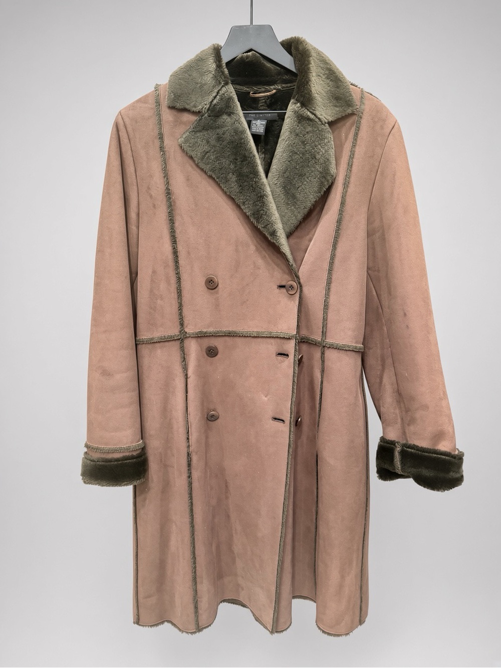 The Limited Dusty Rose Suede Shearling Trench Coat with Olive Trim